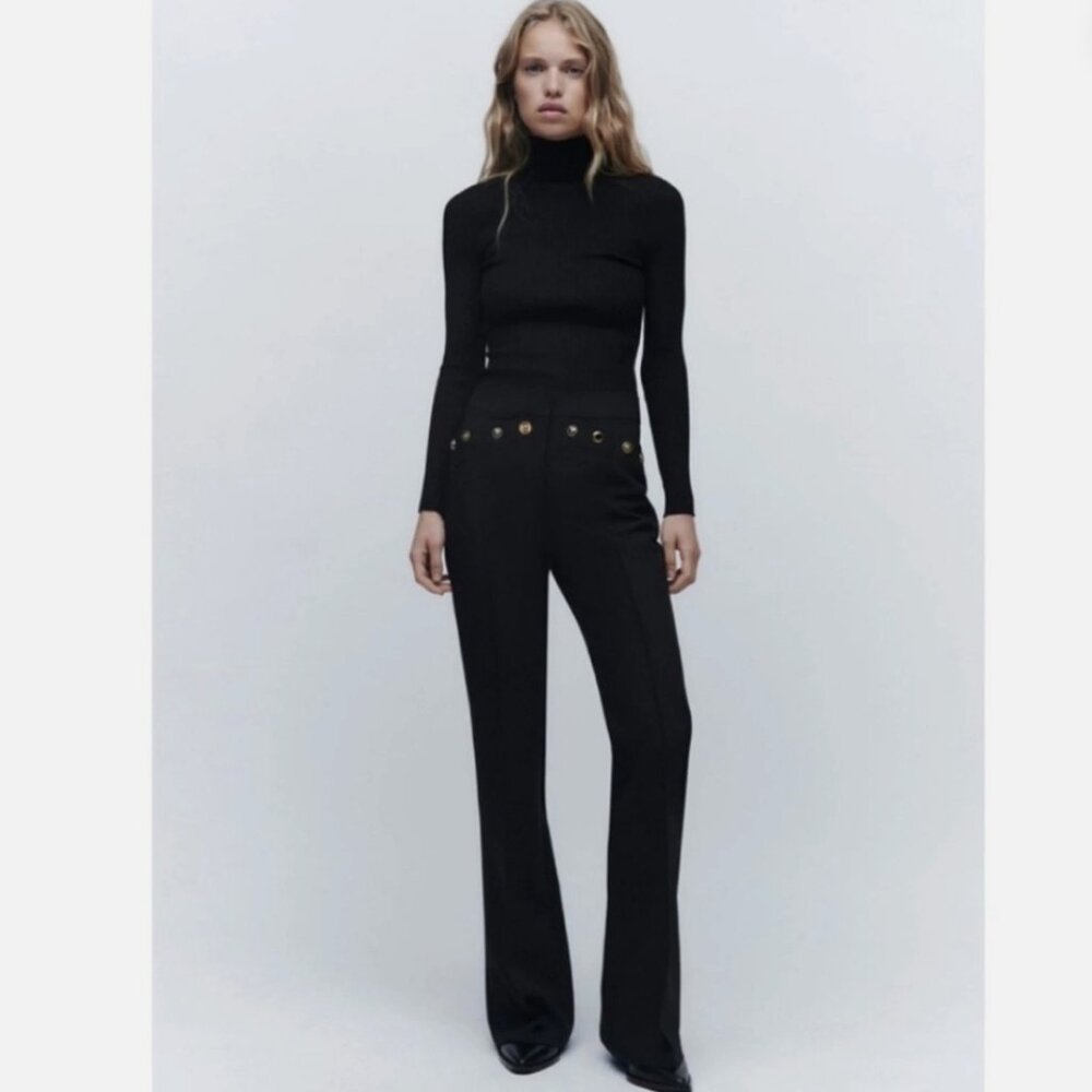 Zara High Waisted Black Button Detail Pants, size Large, NWT
